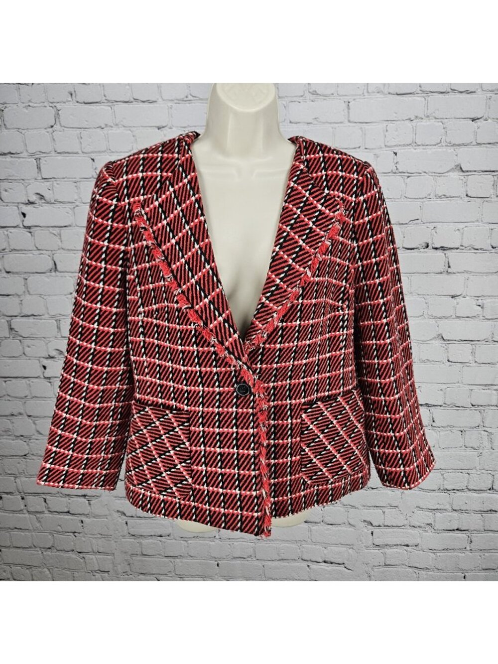 Talbots Red Black White Striped Tweed Fringe Trim 1 Button Lined Jacket 12